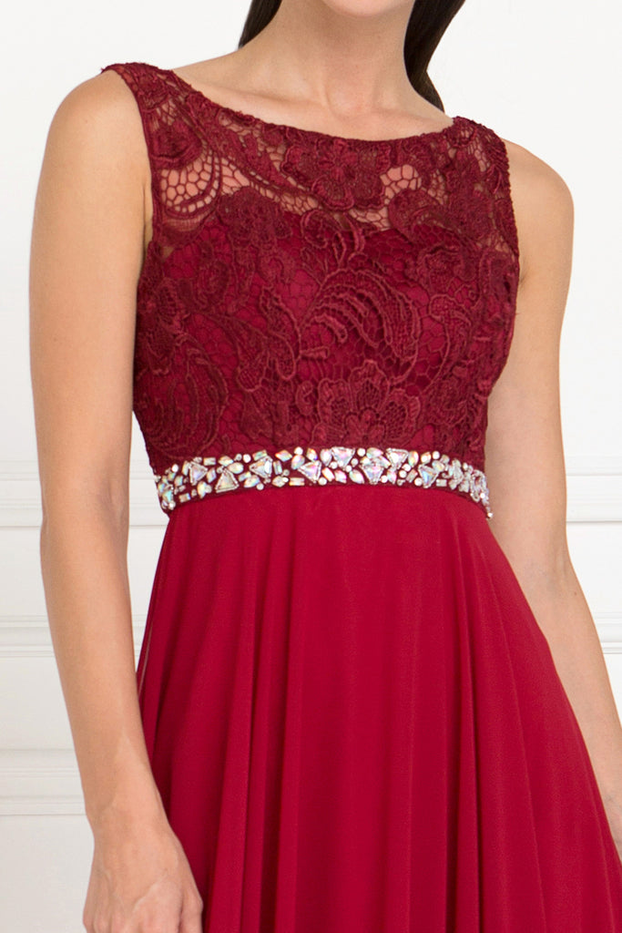 Lace Top Chiffon Long Dress Accented by Jewels on the Waist-smcdress