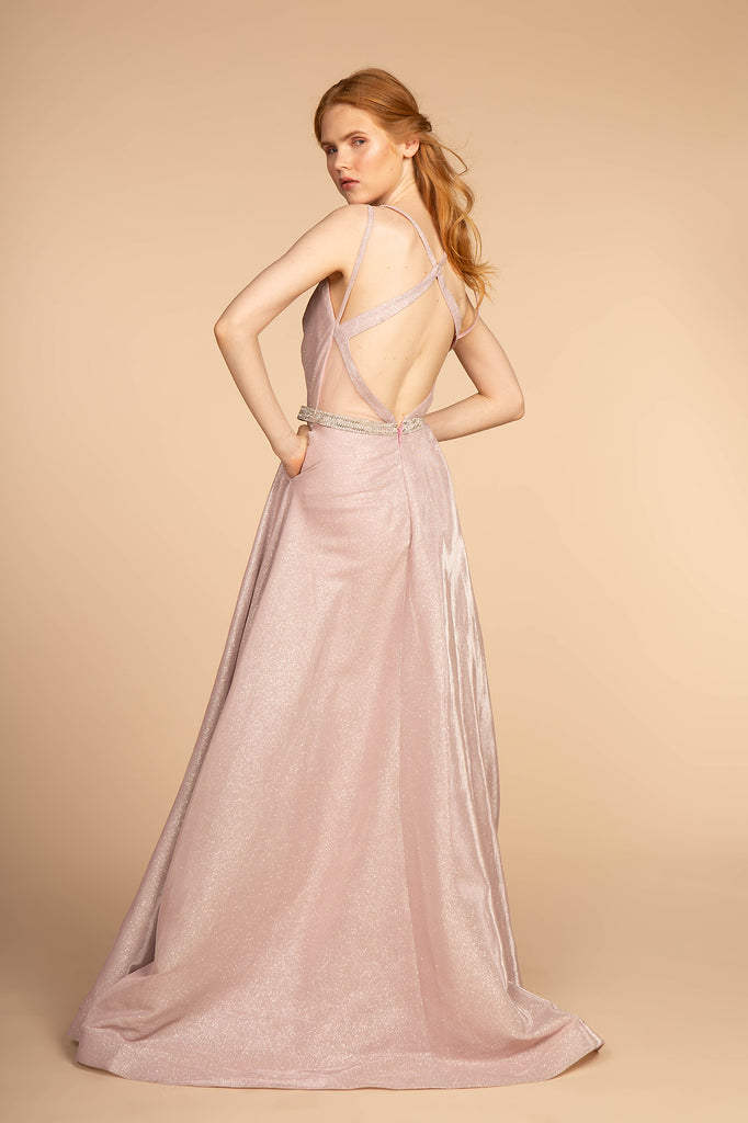 Glitter Crepe Long Dress Jeweled Waist Band-smcdress
