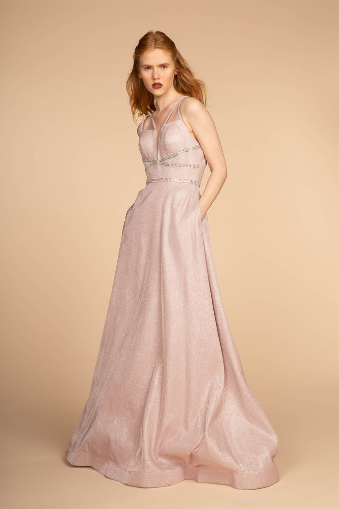 Glitter Crepe A-Line Long Dress Strap Back-smcdress