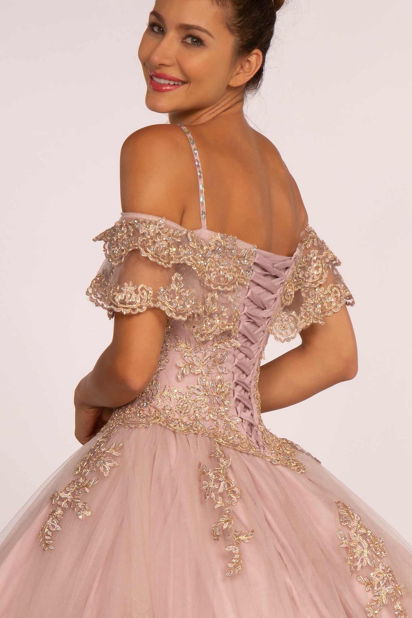 Off-the-Shoulder Embroidered Mesh Ball Gown-smcdress