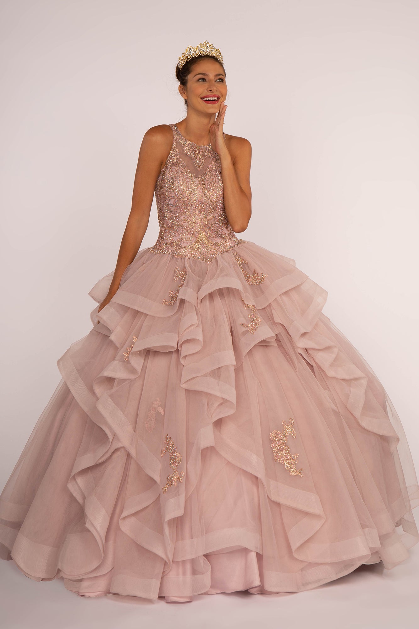 Full Embroidered Bodice Multi-Layered Ruffle Skirt Ball Gown-smcdress