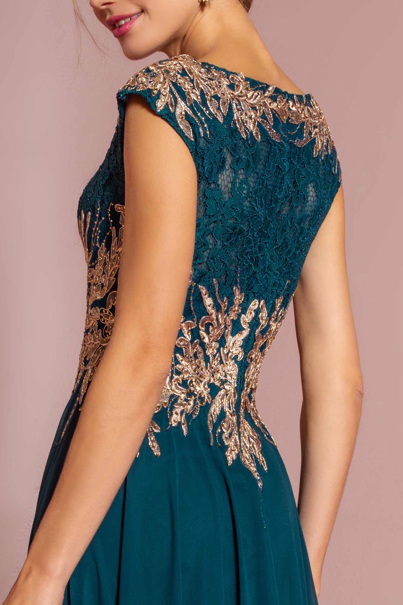 Embroidered Lace Bodice Chiffon Long Dress-smcdress