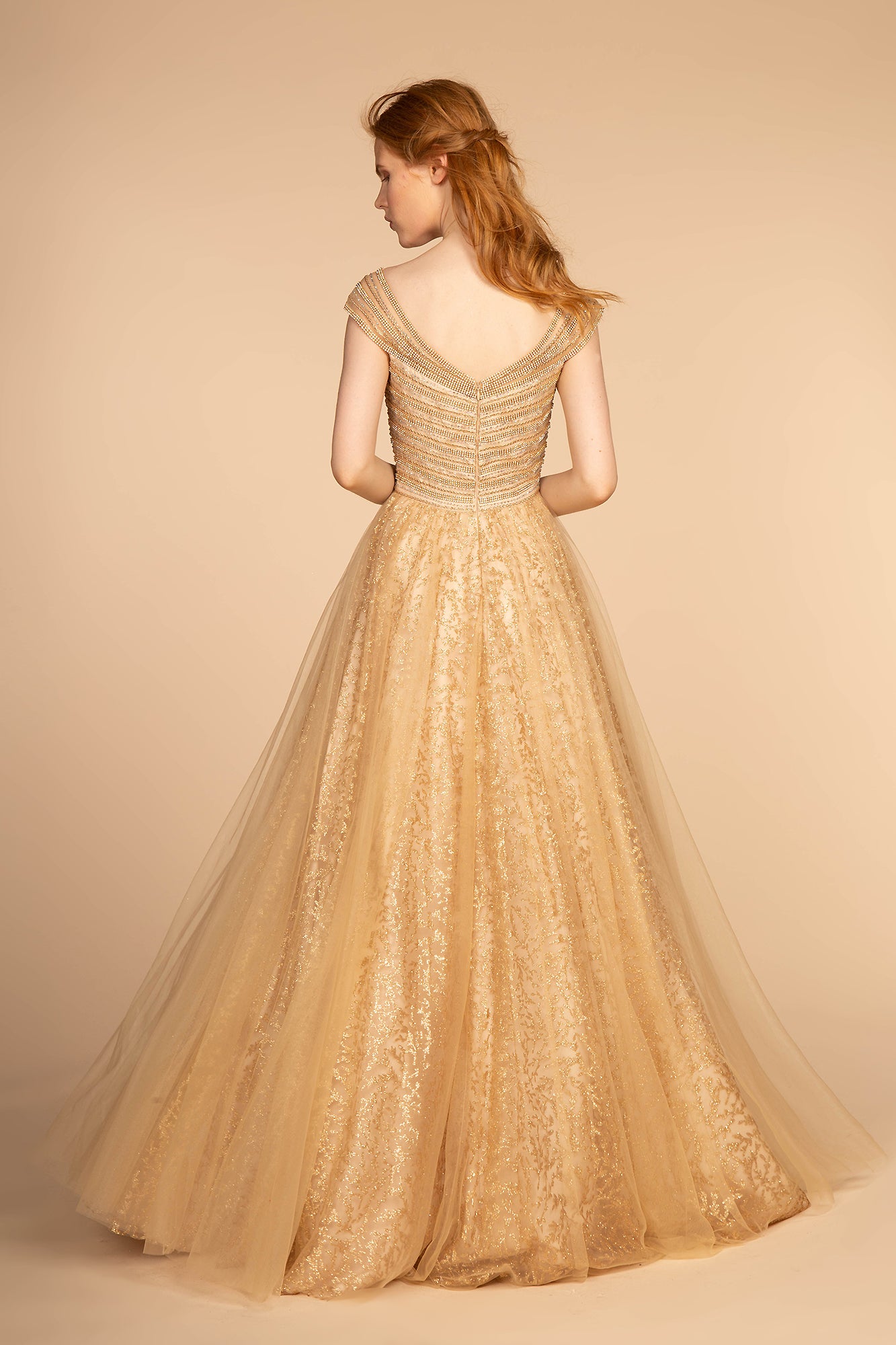 Jewel Embellished Bodice and Glitter Print Skirt Long Dress-smcdress