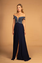 Jewel Embellished Bodice Illusion Deep V-Neck Chiffon Long Dress-smcdress