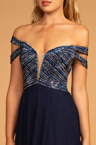 Jewel Embellished Bodice Illusion Deep V-Neck Chiffon Long Dress-smcdress