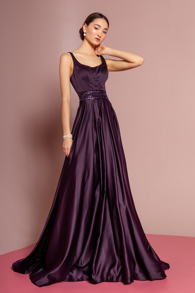 Scoop-Neck Satin A-Line Dress with Sheer Back-smcdress