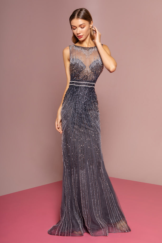 Jewel and Beads Embellished Tulle Long Dress-smcdress