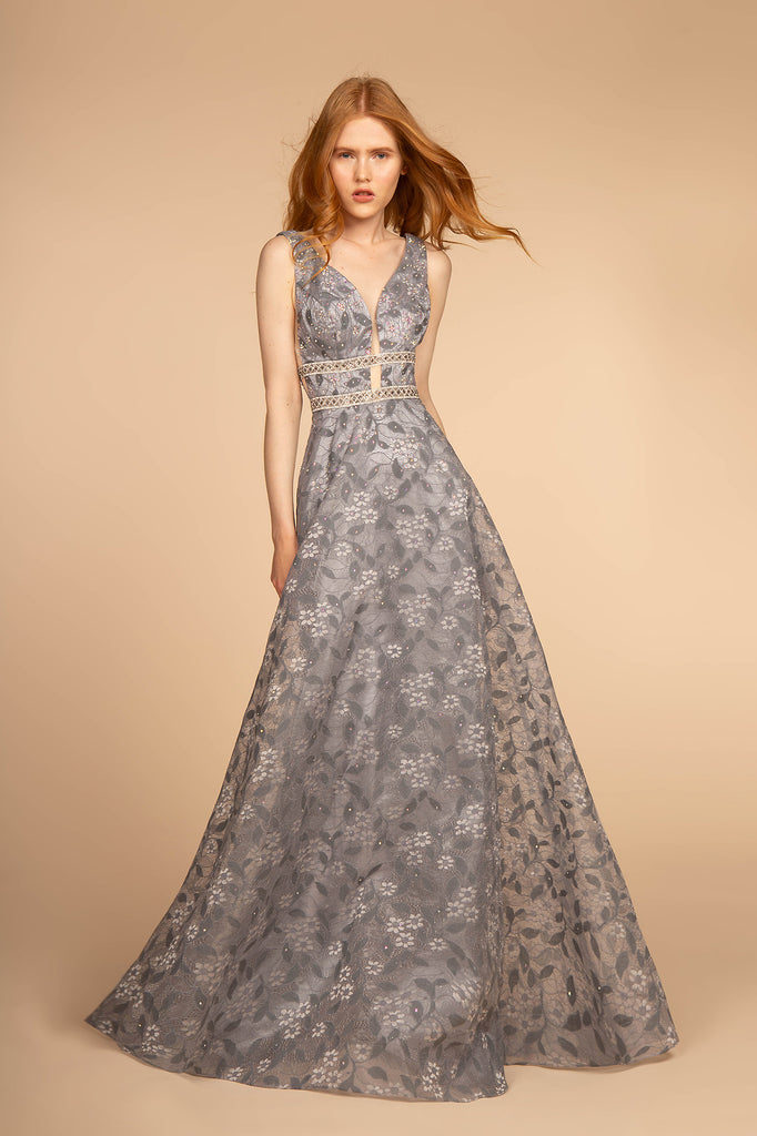 Jewel Accented Waistline V-Neck Lace Long Dress-smcdress