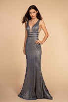 Deep V-Neck Glitter Crepe Mermaid Dress-smcdress