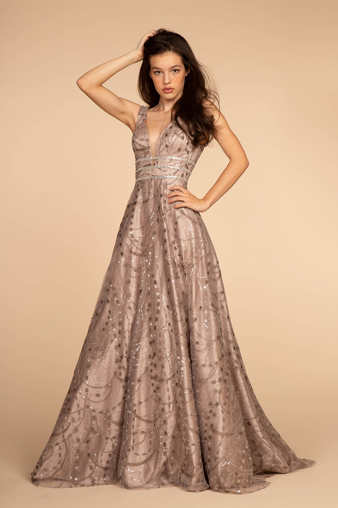 Jewel Embellished V-Neck Mesh A-Line Dress-smcdress