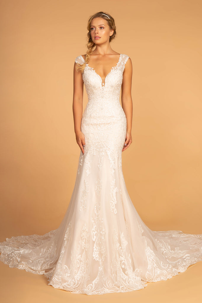 Embroidery Embellished Mesh Wedding Gown Netting Shoulder Strap-smcdress