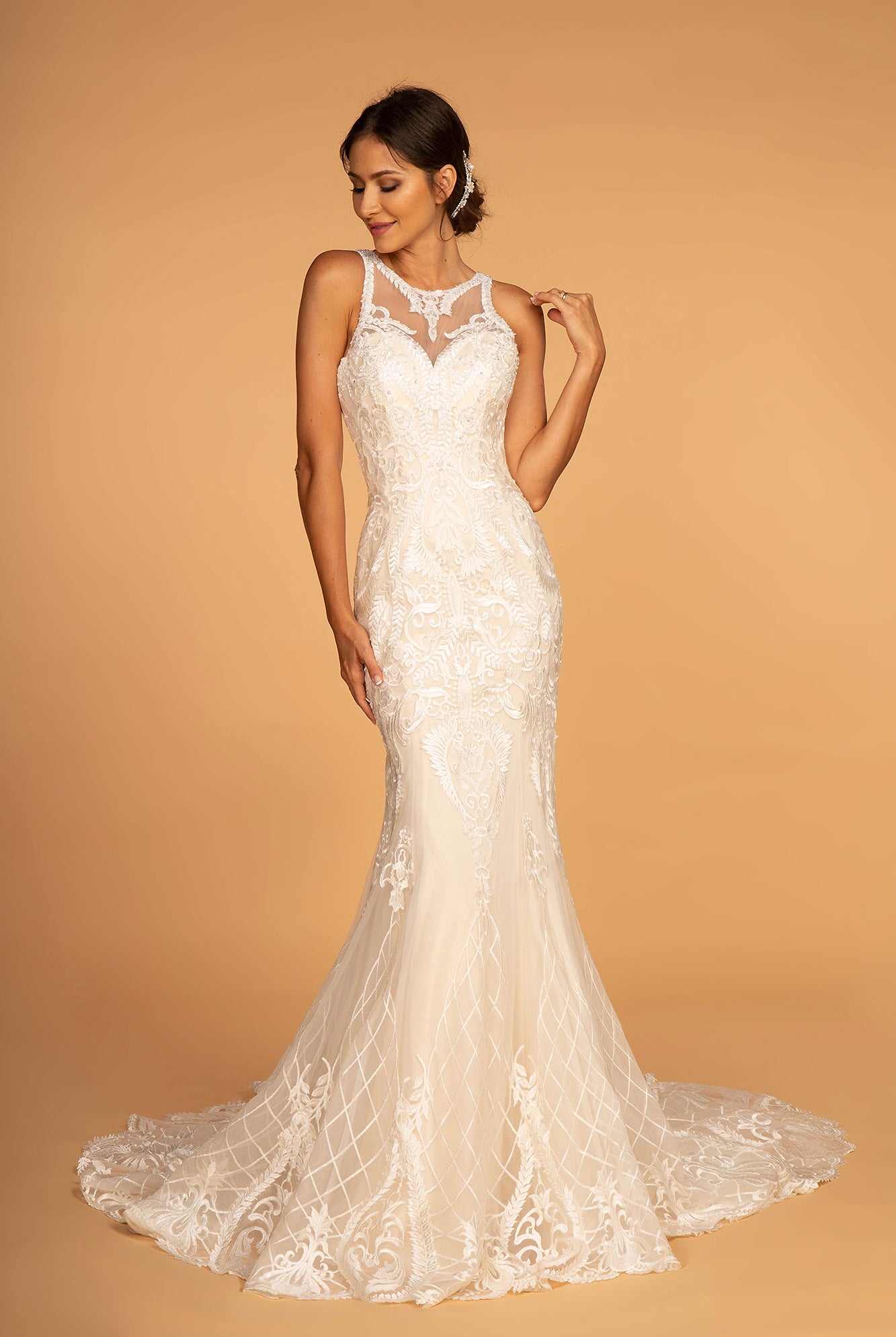 Cut-Out Back Embroidered Mesh Mermaid Wedding Gown GLGL2598-smcdress