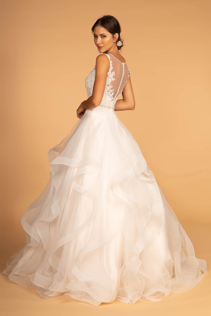 Embroidered Bodice Layered Hem Tulle Wedding Gown-smcdress