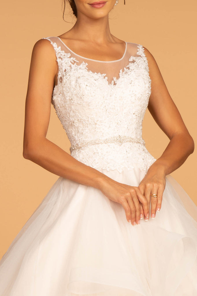 Embroidered Bodice Layered Hem Tulle Wedding Gown-smcdress