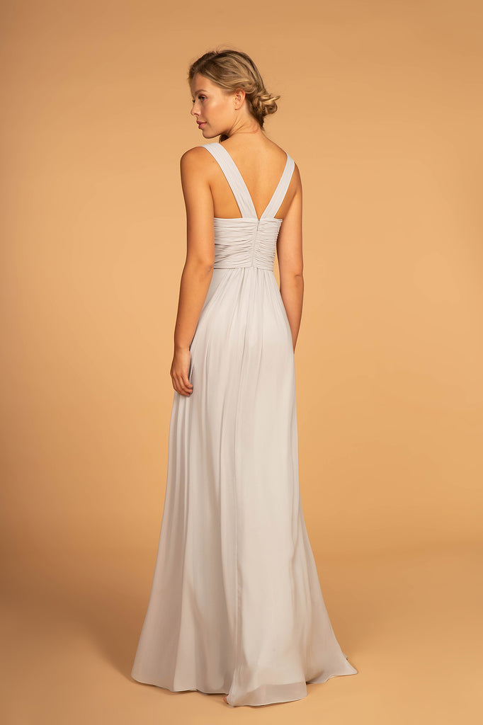 Chiffon Ruched-Bodice A-Line Long Dress-smcdress
