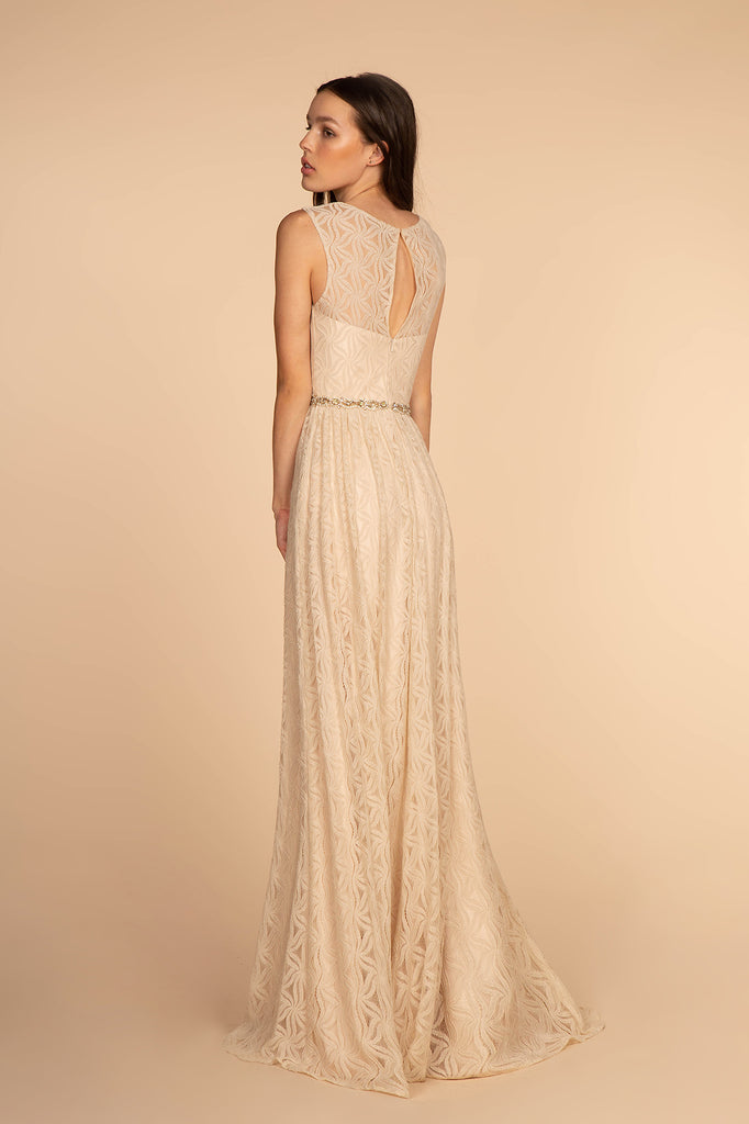 Jewel Embellished Waist Lace Long Dress-smcdress