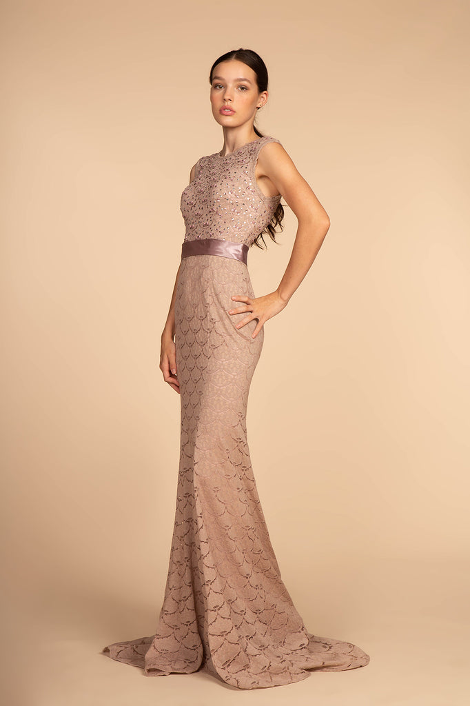 Jewel Embellished Bodice Lace Long Dress-smcdress