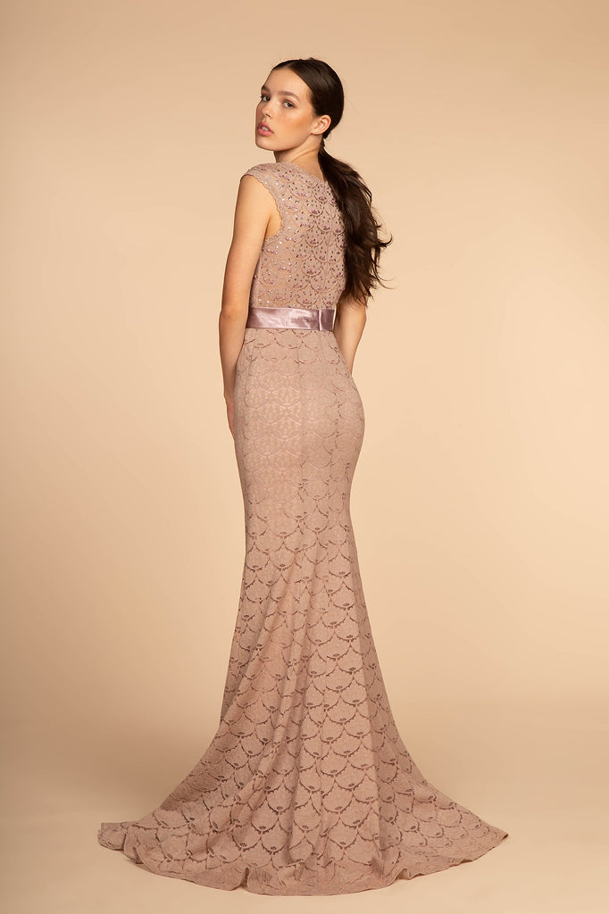 Jewel Embellished Bodice Lace Long Dress-smcdress