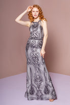 Sequin Embellished Mesh Long Dress Cut-Out Back-smcdress