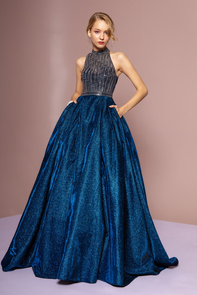 High-Neck Jeweled Bodice Glitter Crepe Ball Gown-smcdress