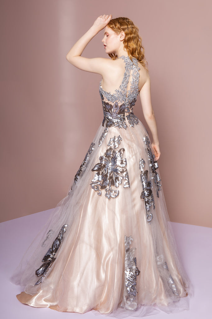 High-Neck Sequin Embellished Tulle A-Line Dress-smcdress