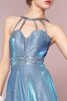 Cut-Out Neckline Glitter Crepe Sleeveless A-Line Dress-smcdress