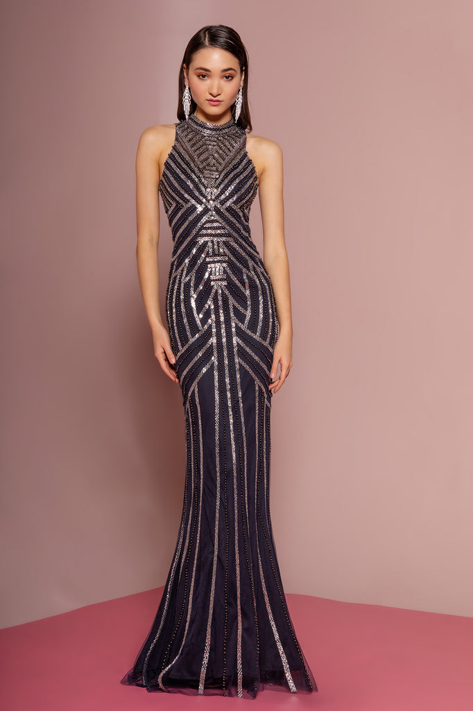 Metallic Applique Mermaid High-Neck Dress-smcdress
