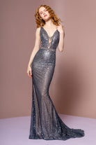 Glitter Mesh V-Neck Mermaid Long Dress-smcdress