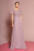 Beaded Bodice Cap Sleeve Chiffon Dress-smcdress