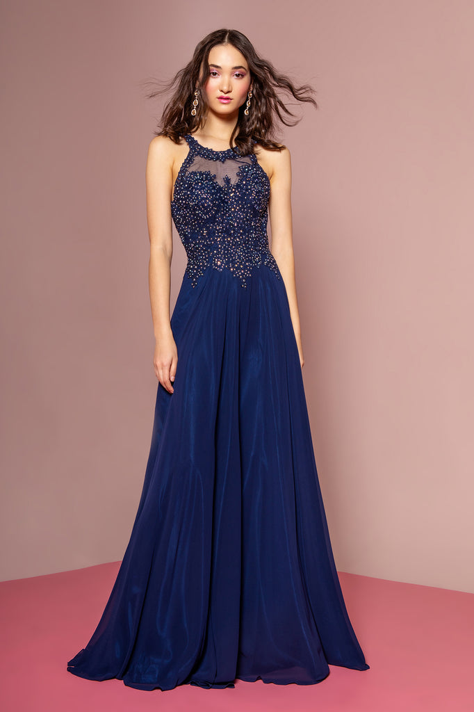 Jewel Embellished and Embroidered Bodice Chiffon Long Dress-smcdress