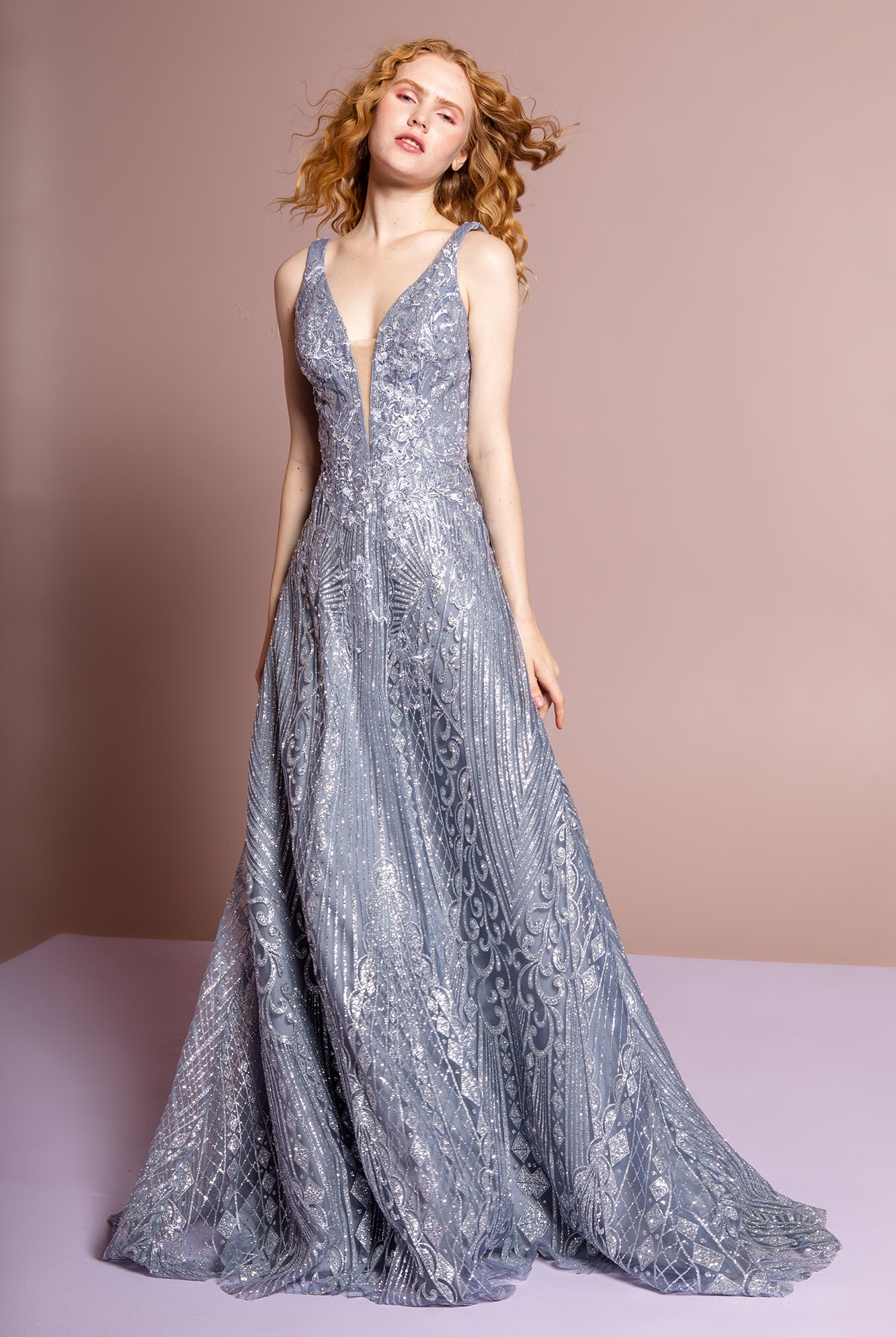 V-Neck Glitter Mesh A-Line Dress-smcdress