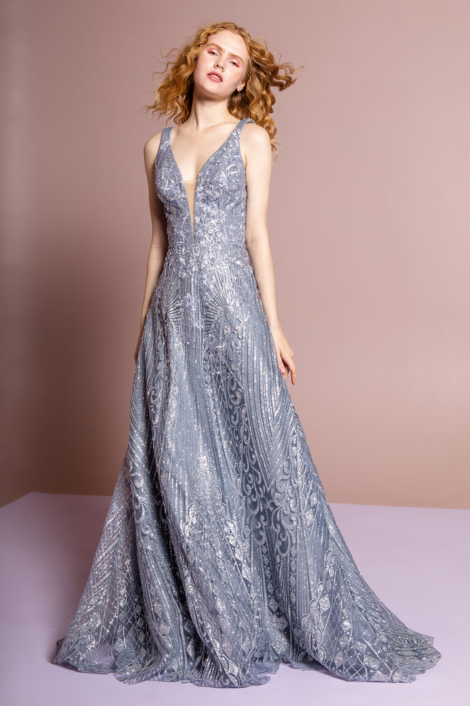 V-Neck Glitter Mesh A-Line Dress-smcdress