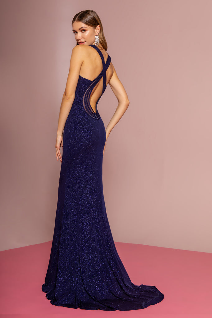 Glitter Crepe Illusion V-Neck Long Dress-smcdress