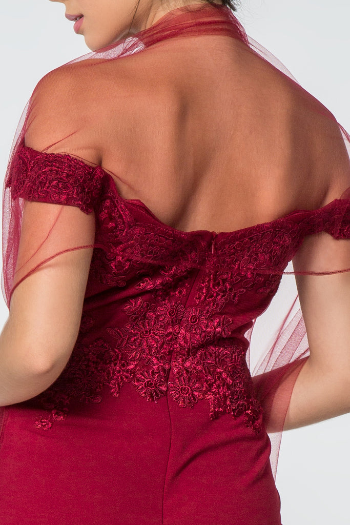 Embroidered Off-Shoulder Jersey Long Dress Slit-smcdress