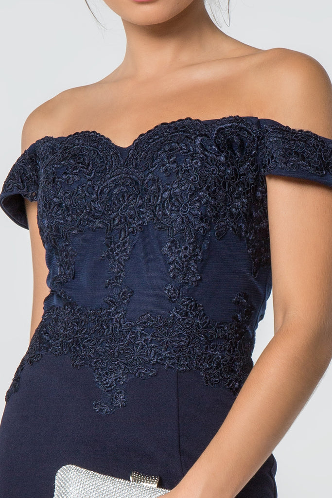 Embroidered Off-Shoulder Jersey Long Dress Slit-smcdress