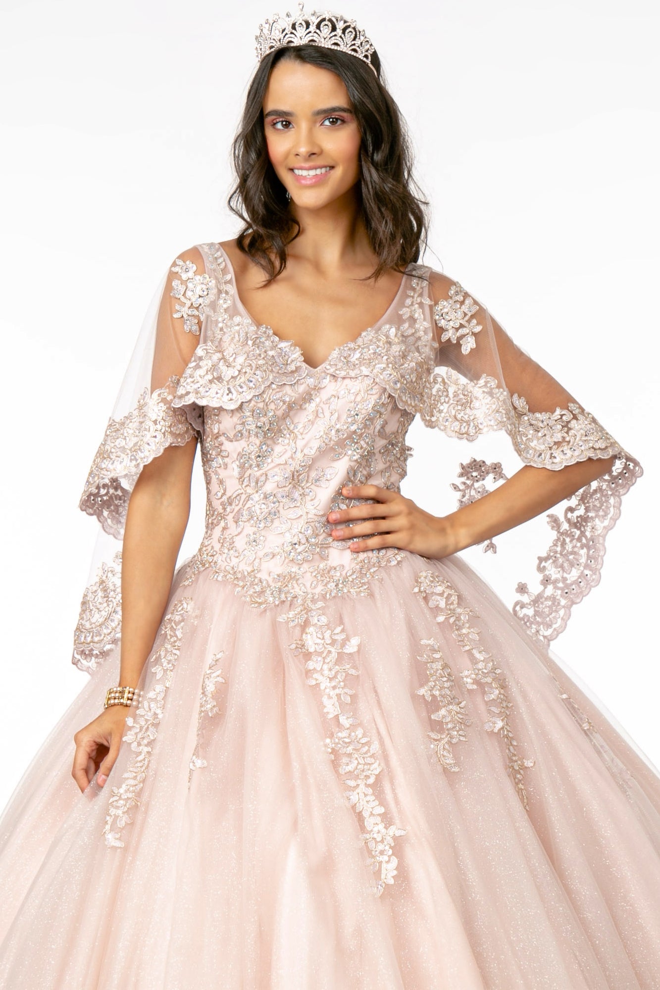 V-Neck Glitter Mesh Ball Gown-smcdress