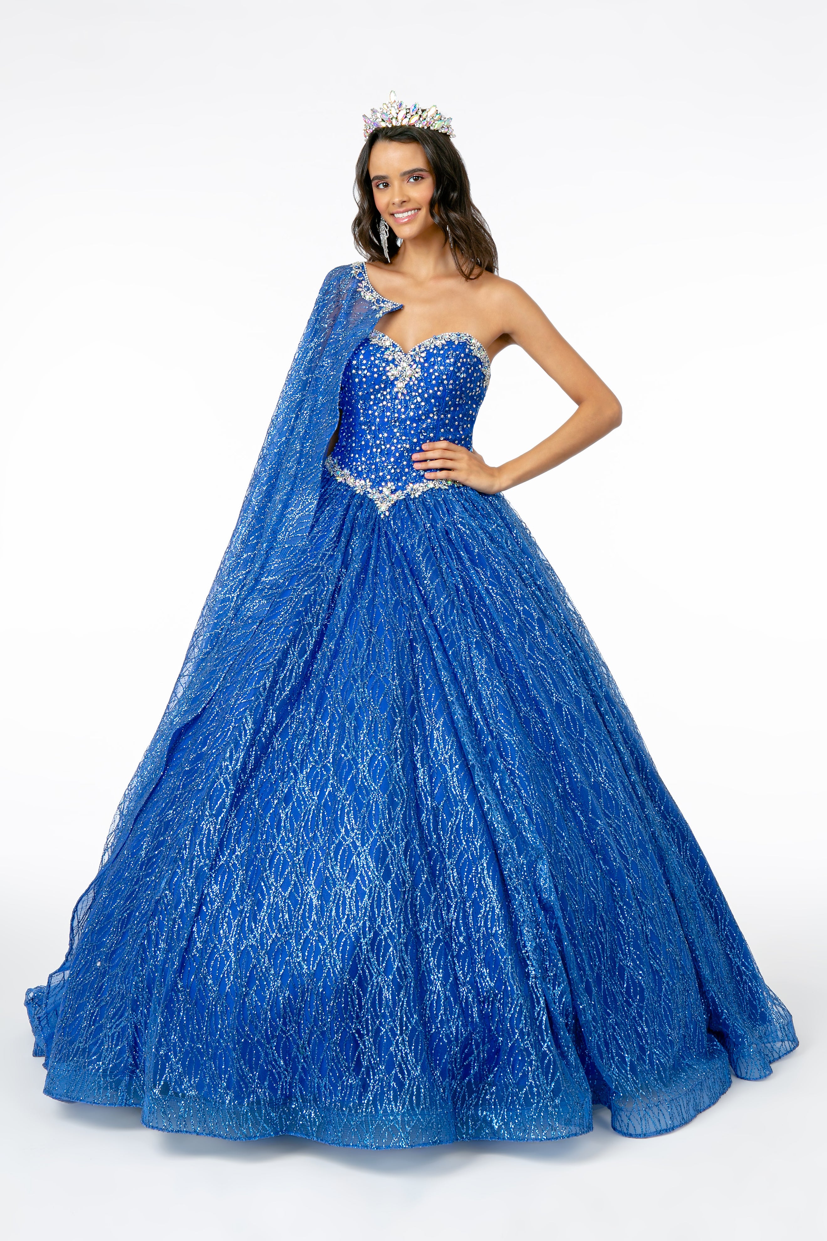 Embellished Bodice Glitter Gown with Mesh Cape-smcdress