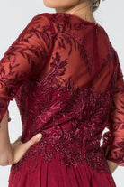 Embroidered Bodice 3/4 Mesh Sleeve Chiffon Long Dress-smcdress