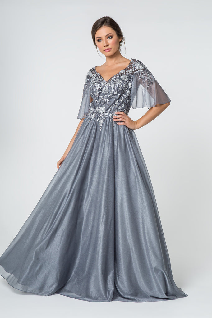 Cape-Sleeve Lace Embellished Long Dress-smcdress