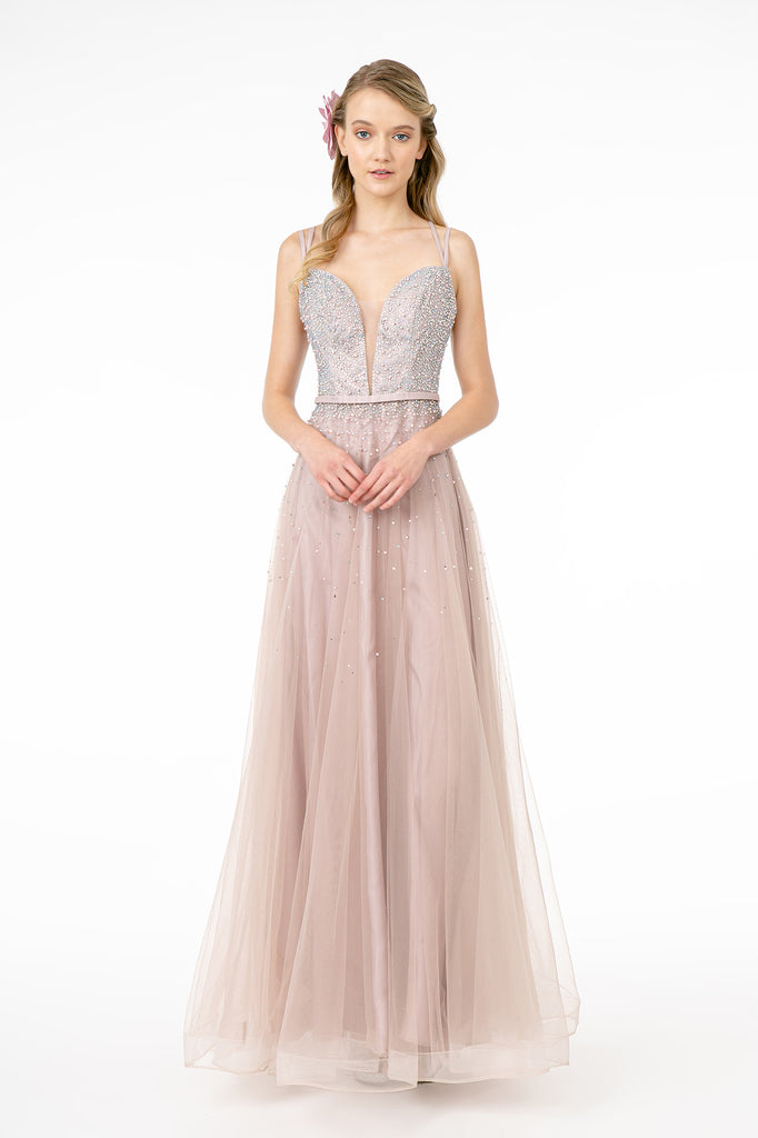 Jewel Embellished Bodice Mesh A-Line Dress Strap Back-smcdress