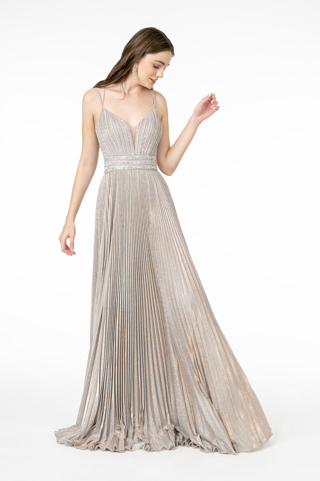Illusion Deep V-Neck A-Line Pleated Long Dress with Metallic Glitter Finish-smcdress
