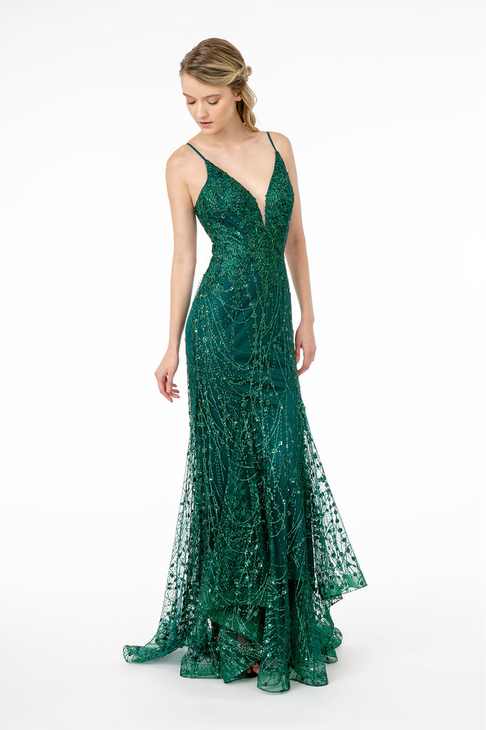 Illusion Deep V-Neck Spaghetti Strap Mermaid Dress-smcdress