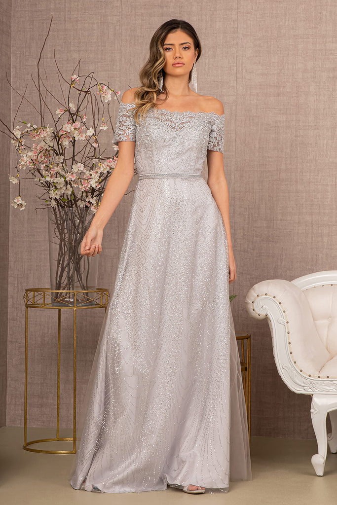 Glitter Print Cut-Away Shoulder A-Line Dress-smcdress