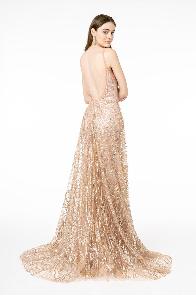 Deep V-Neck Glitter Sequin Mesh A-Line Dress V-Back-smcdress