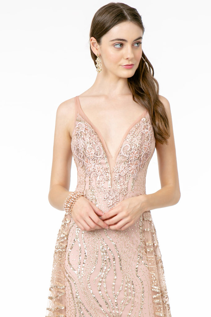 Deep V-Neck Glitter Sequin Mesh A-Line Dress V-Back-smcdress