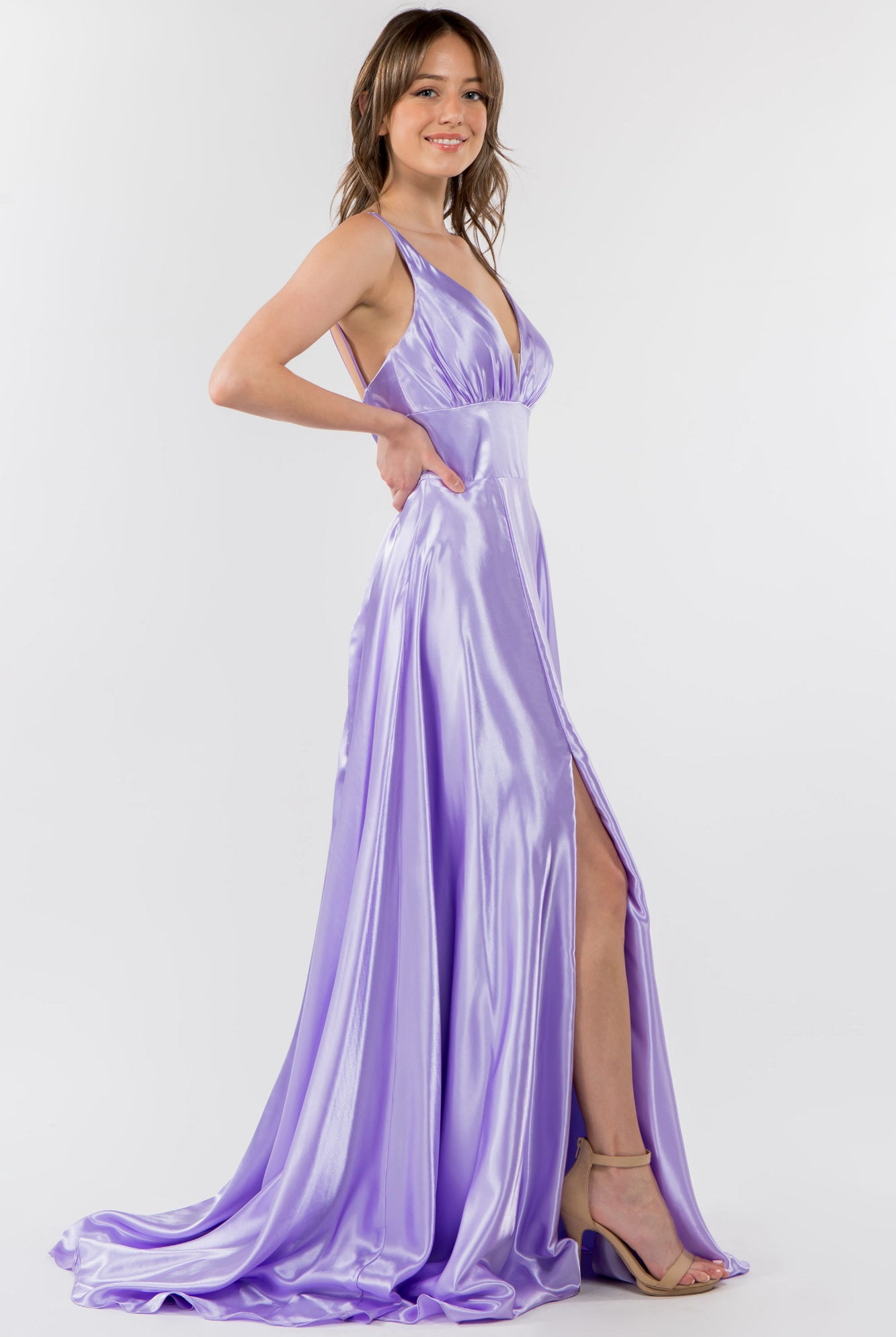 V-Neck Wide Waistband A-Line Satin Long Dress-smcdress