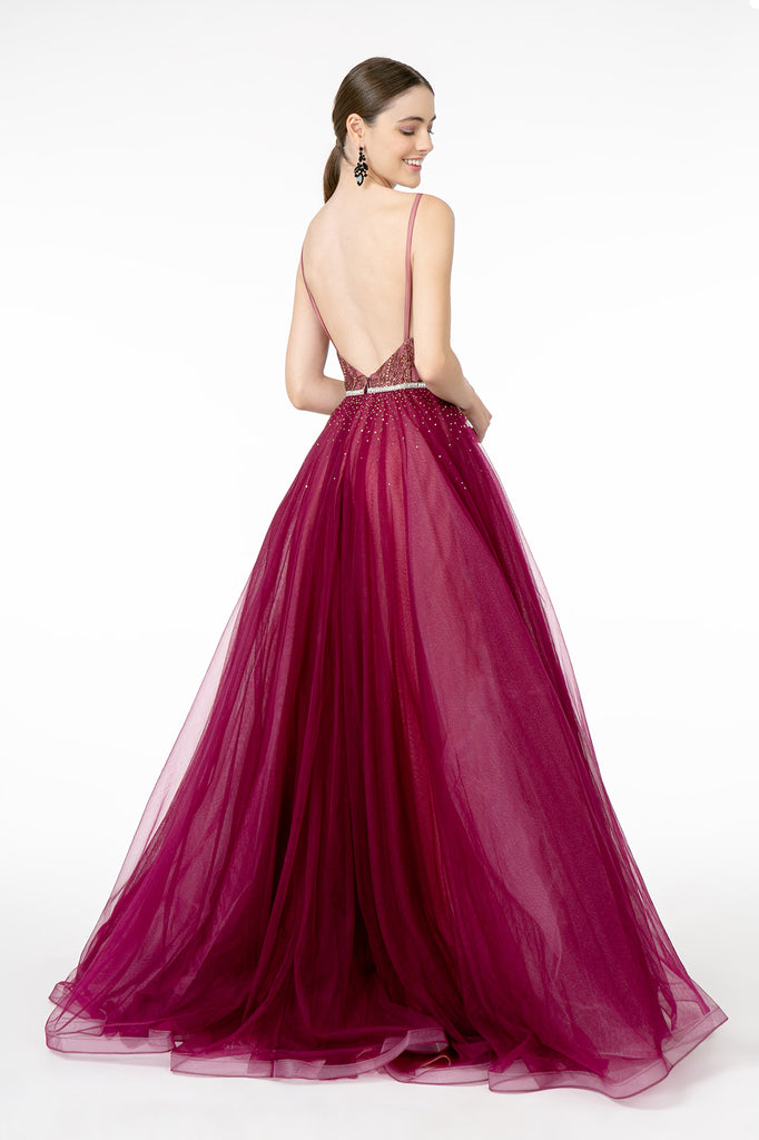 V-Neck Glitter Mesh A-Line Long Dress-smcdress