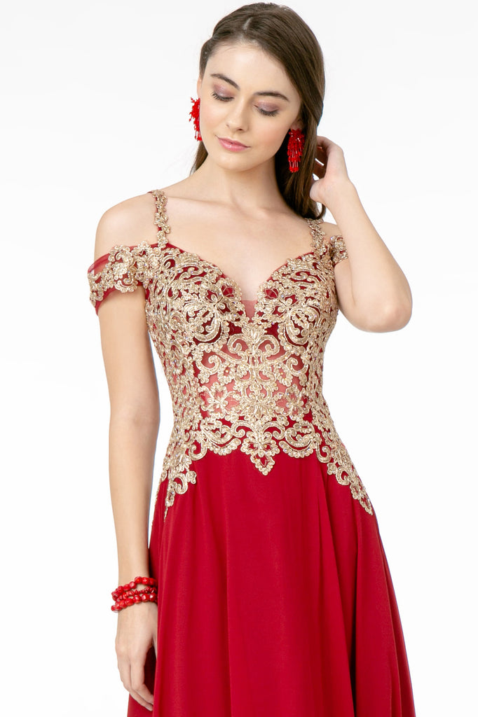 Cut-Away Shoulder Embroidered Bodice Chiffon A-Line Dress-smcdress