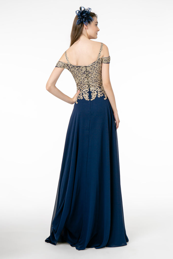 Cut-Away Shoulder Embroidered Bodice Chiffon A-Line Dress-smcdress