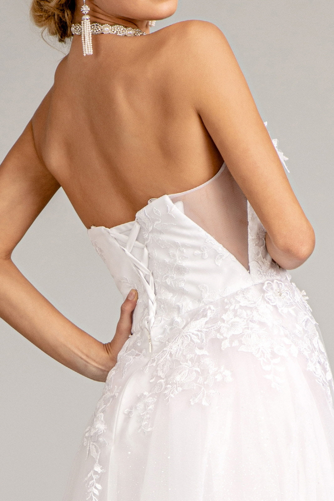 3-D Flower Embellished Mesh Wedding Gown Rhinestone and Glitter Embellished GLGL3010-smcdress